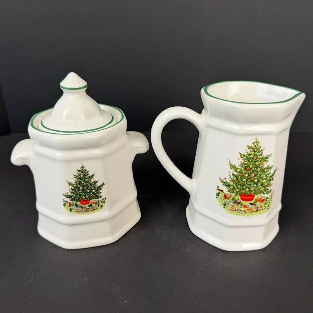 Pfaltzgraff Christmas Heritage Multisided Creamer and Lidded Sugar Bowl
